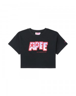 Bape Logo printed crop T-shirts Damen Schwarz | OEK-931240