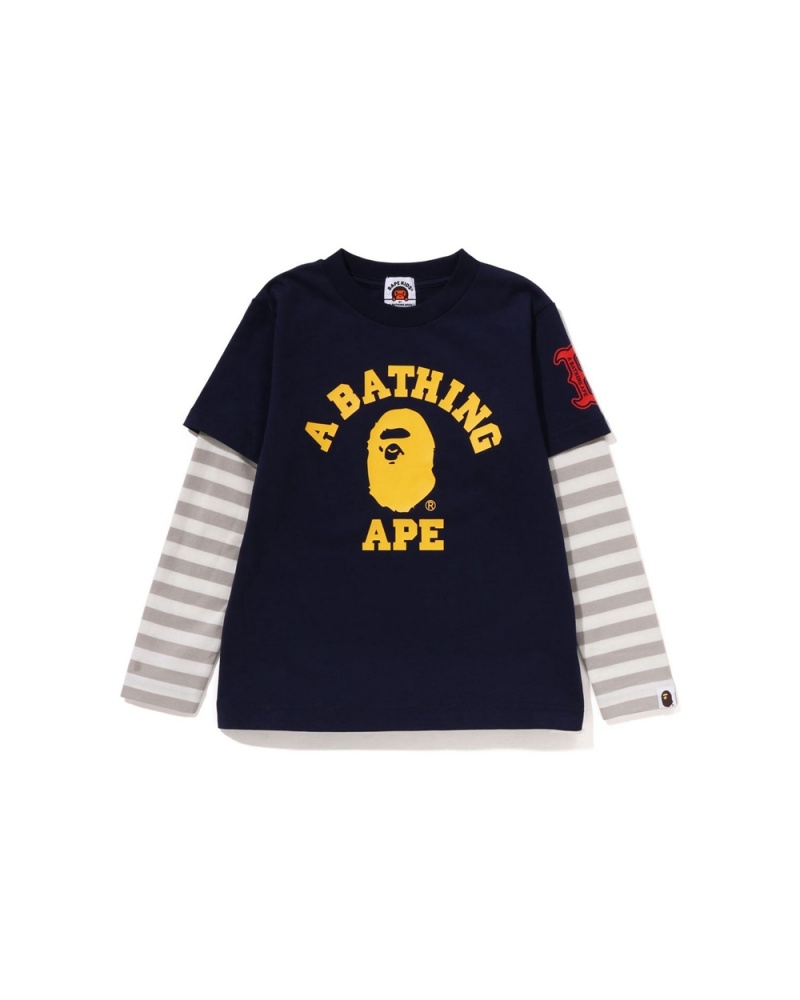 Bape College Multi Logo Layered L/S Oberteile Kinder Navy Blau | IWM-319642