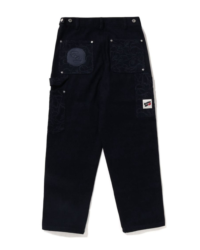 Bape Line Patch Denim Double Knee Arbeits Jeans Herren Navy Blau | JIZ-865074