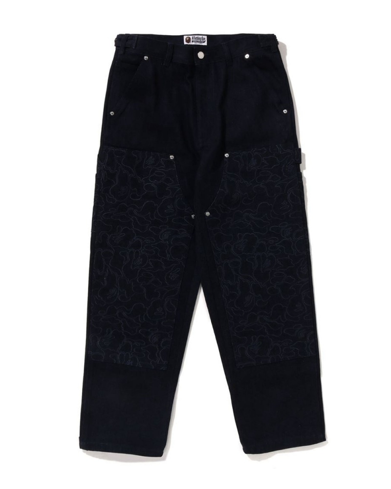 Bape Line Patch Denim Double Knee Arbeits Jeans Herren Navy Blau | JIZ-865074