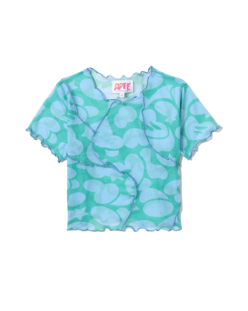 Bape Pattern mesh crop Bluse Damen Blau | PHG-407586