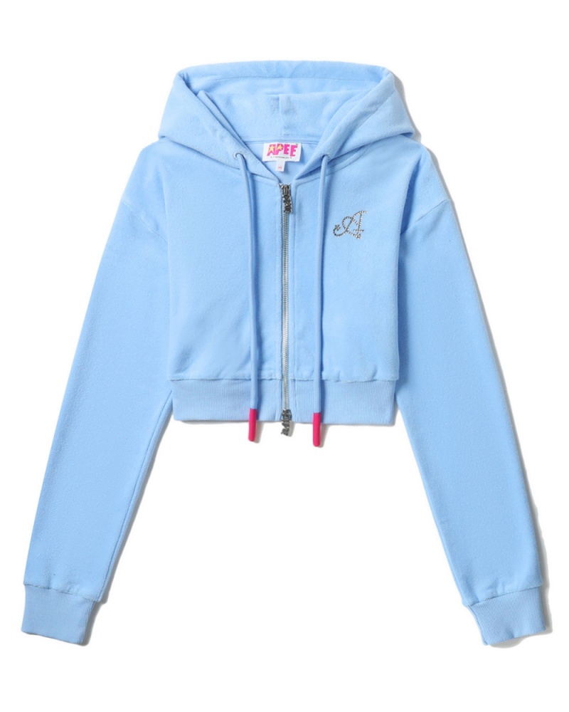 Bape Towelling zip-up crop hoodie Sweatshirt Damen Blau | XPA-475061